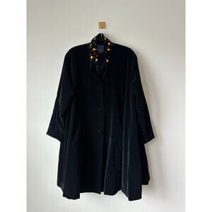 Vintage 80s Black Velvet Jeweled Collar Swing Coat Oversized | Union Made L–XL